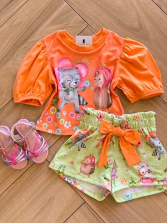 Conjunto Infantil Feminino Blusa Boxy e Short Malha Fresh Estampado Fernanda Ramos Kids