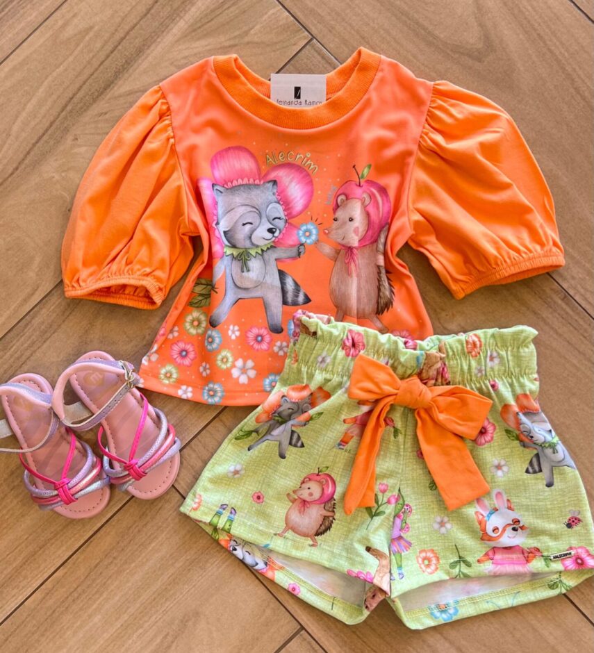 Conjunto Infantil Feminino Blusa Boxy e Short Malha Fresh Estampado Fernanda Ramos Kids