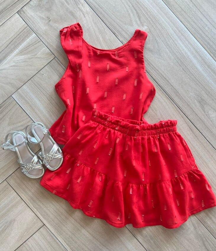 Conjunto Infantil Feminino Blusa com Detalhe e Short Saia Vermelho Fernanda Ramos Kids