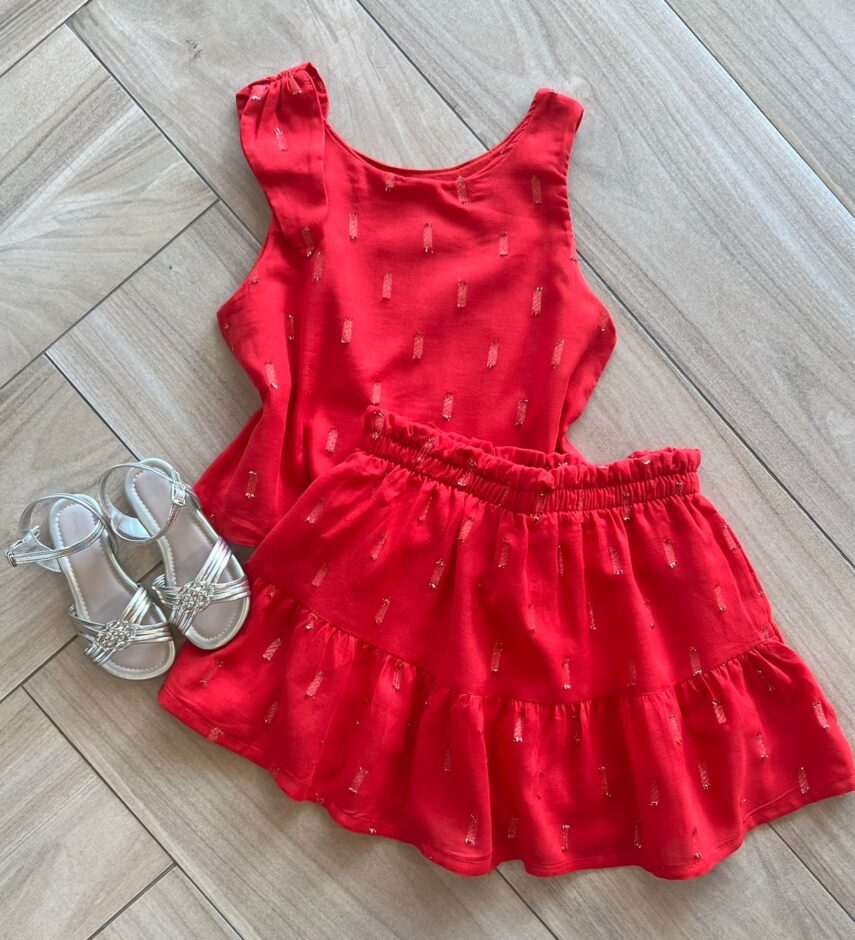 Conjunto Infantil Feminino Blusa com Detalhe e Short Saia Vermelho Fernanda Ramos Kids