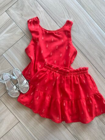 Conjunto Infantil Feminino Blusa com Detalhe e Short Saia Vermelho Fernanda Ramos Kids