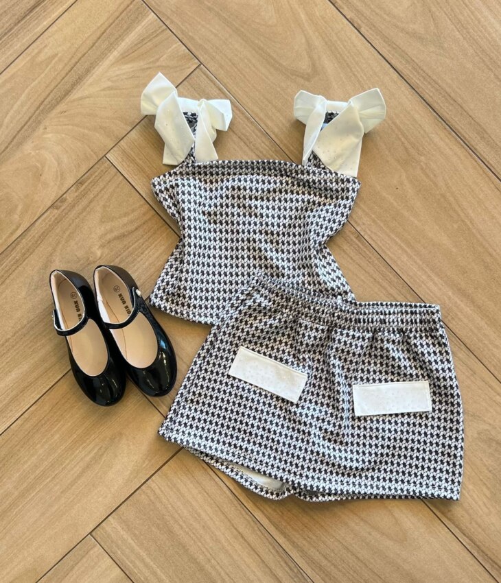 Conjunto Infantil Feminino Blusa com Laço e Short Saia Super Cetim Fernanda Ramos Kids