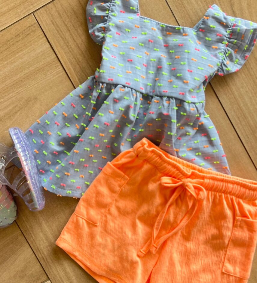 fernandaramoskids com br Conjunto Infantil Feminino Blusa e Short Laranja Neon 1