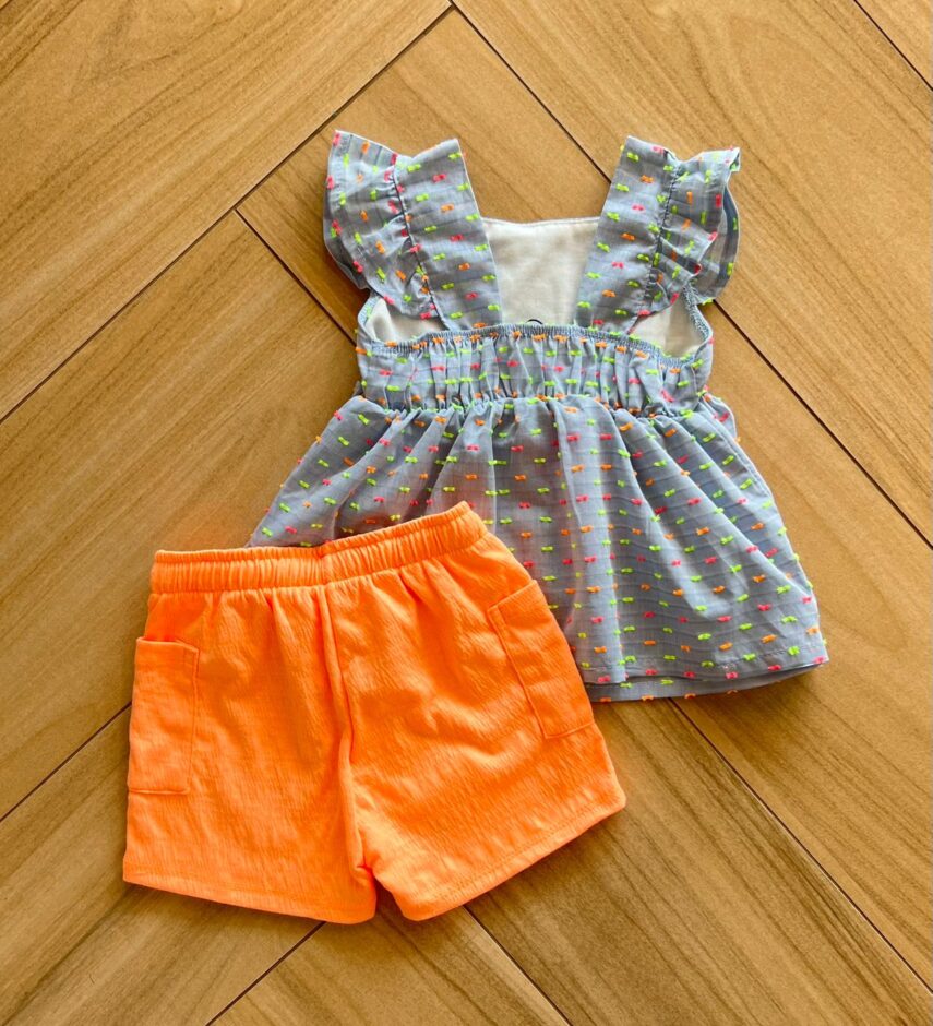 fernandaramoskids com br Conjunto Infantil Feminino Blusa e Short Laranja Neon 2