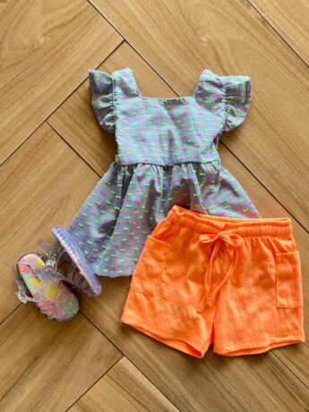 Conjunto Infantil Feminino Blusa e Short Laranja Neon Fernanda Ramos Kids