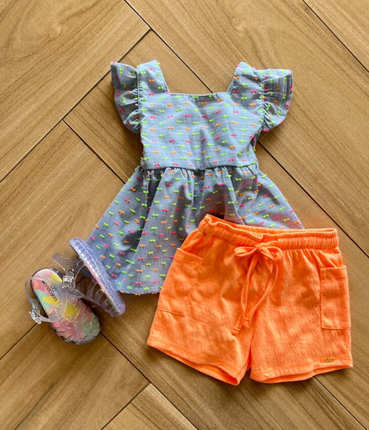 Conjunto Infantil Feminino Blusa e Short Laranja Neon Fernanda Ramos Kids