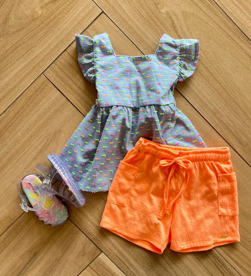 Conjunto Infantil Feminino Blusa e Short Laranja Neon Fernanda Ramos Kids