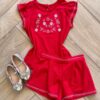 Conjunto Infantil Feminino Blusa e Short Vermelho Flor Fernanda Ramos Kids
