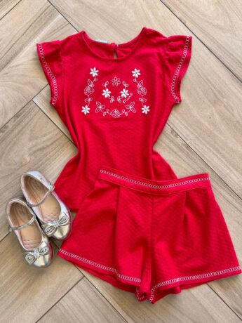 Conjunto Infantil Feminino Blusa e Short Vermelho Flor Fernanda Ramos Kids
