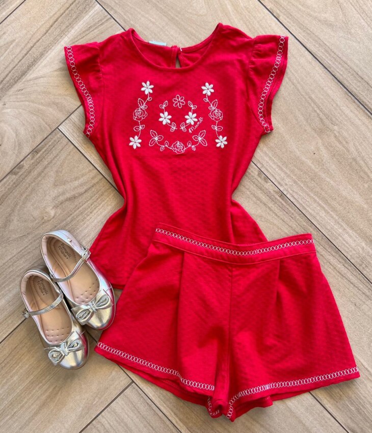 Conjunto Infantil Feminino Blusa e Short Vermelho Flor Fernanda Ramos Kids