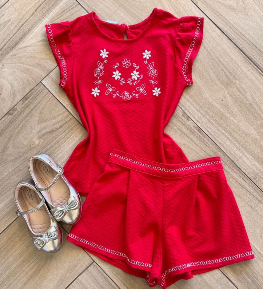 Conjunto Infantil Feminino Blusa e Short Vermelho Flor Fernanda Ramos Kids