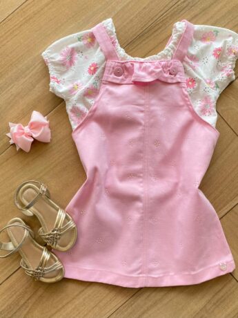 Conjunto Infantil Feminino Blusa em Laise e Salopete Sarja Rosa Fernanda Ramos Kids