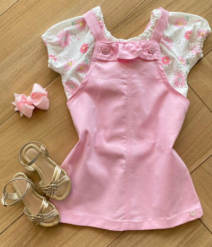 Conjunto Infantil Feminino Blusa em Laise e Salopete Sarja Rosa Fernanda Ramos Kids