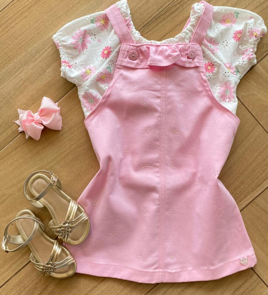 Conjunto Infantil Feminino Blusa em Laise e Salopete Sarja Rosa Fernanda Ramos Kids