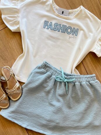 fernandaramoskids com br Conjunto Infantil Feminino Blusa Fashion e Short Saia Azul1