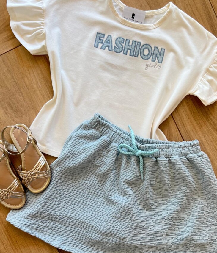 fernandaramoskids com br Conjunto Infantil Feminino Blusa Fashion e Short Saia Azul1