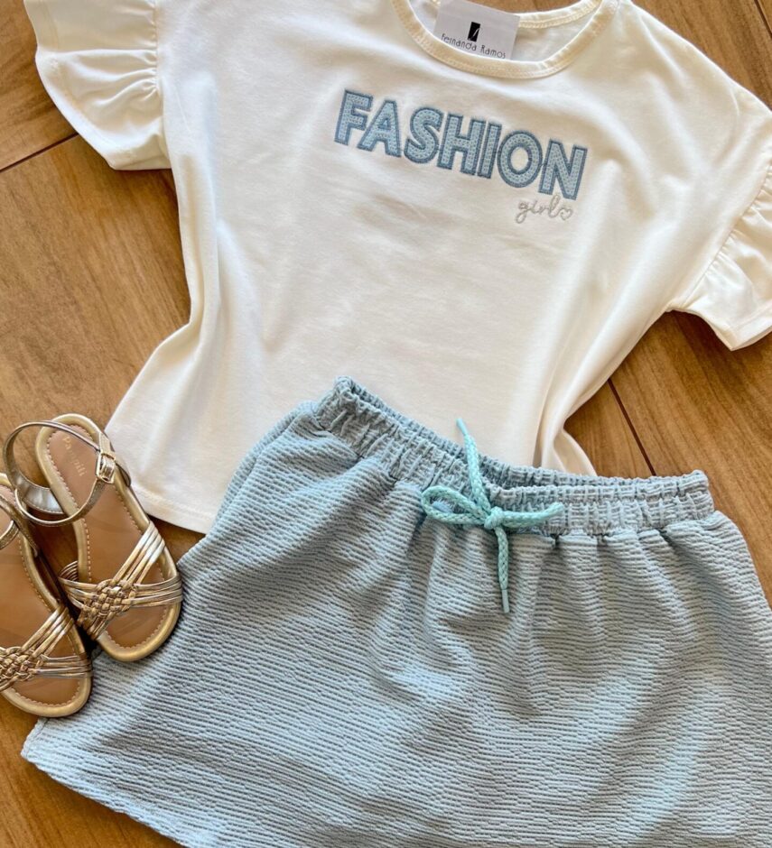fernandaramoskids com br Conjunto Infantil Feminino Blusa Fashion e Short Saia Azul1