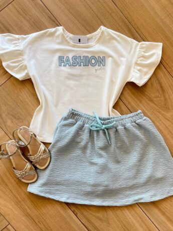 Conjunto Infantil Feminino Blusa Fashion e Short Saia Azul Fernanda Ramos Kids