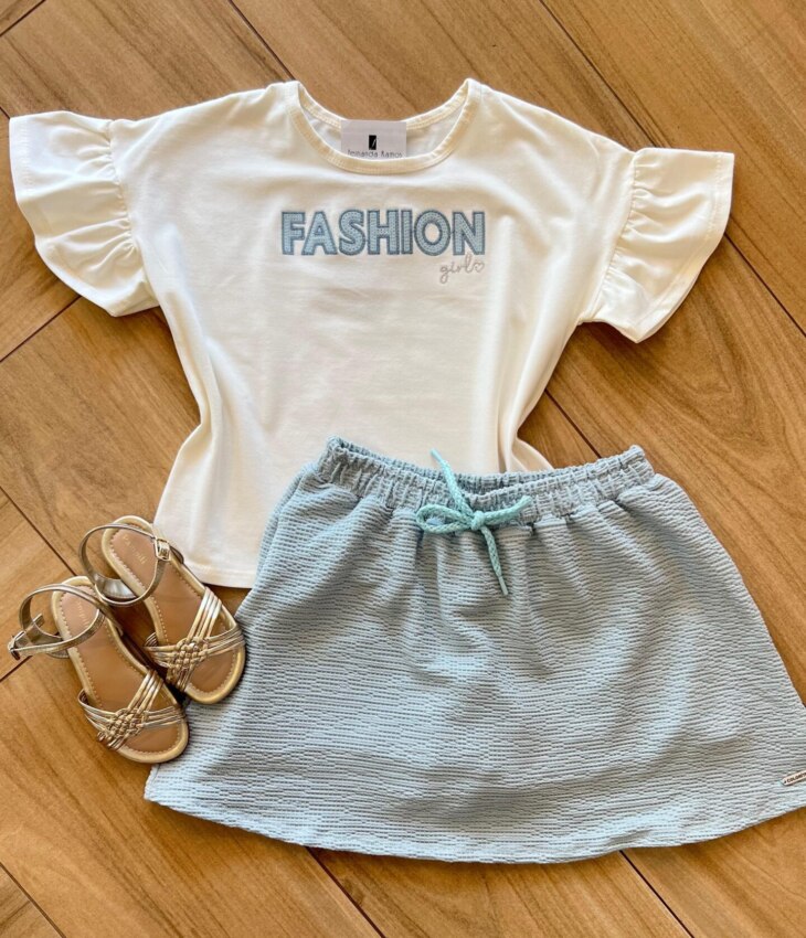 Conjunto Infantil Feminino Blusa Fashion e Short Saia Azul Fernanda Ramos Kids