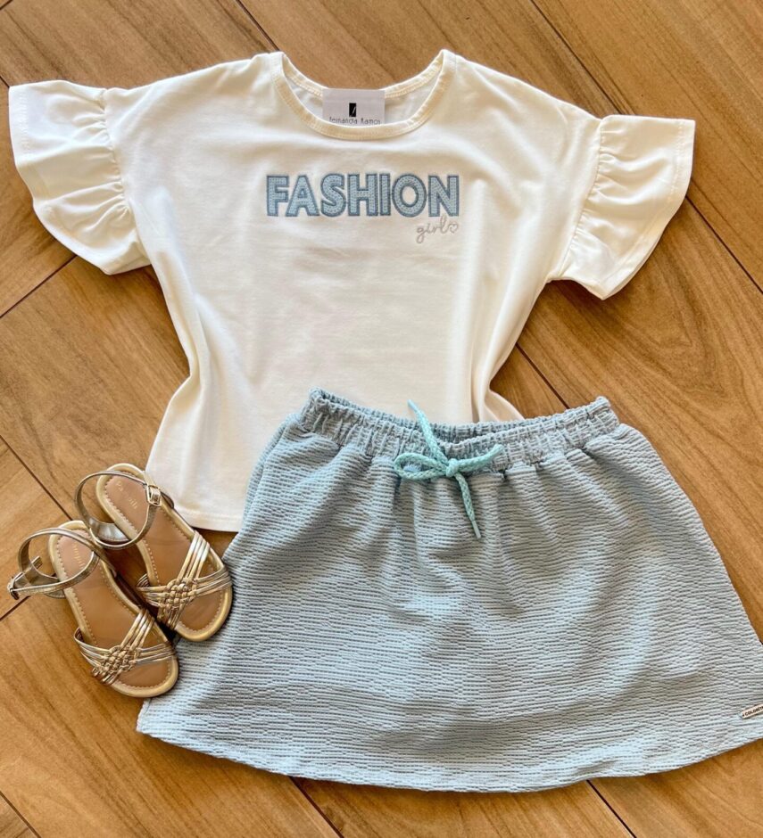 Conjunto Infantil Feminino Blusa Fashion e Short Saia Azul Fernanda Ramos Kids