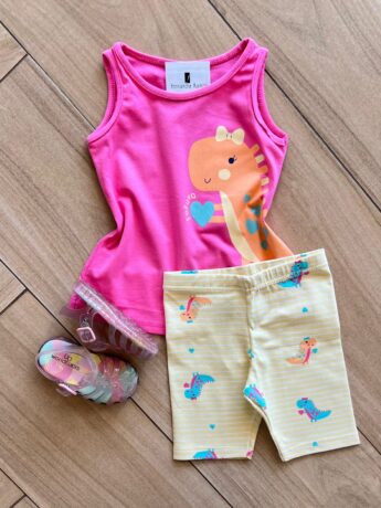 Conjunto Infantil Feminino Regata Fofura e Bermuda Estampada Amarela Fernanda Ramos Kids