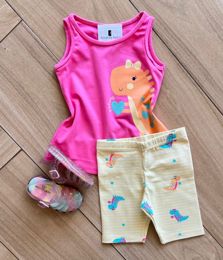 Conjunto Infantil Feminino Regata Fofura e Bermuda Estampada Amarela Fernanda Ramos Kids