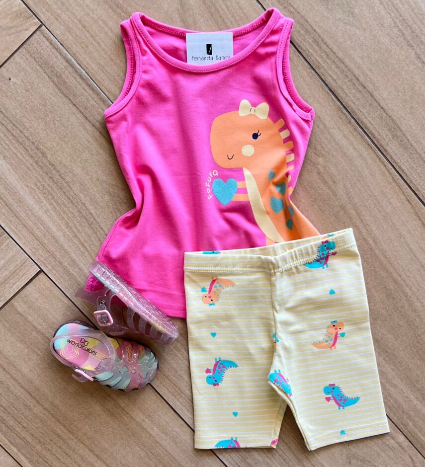 Conjunto Infantil Feminino Regata Fofura e Bermuda Estampada Amarela Fernanda Ramos Kids