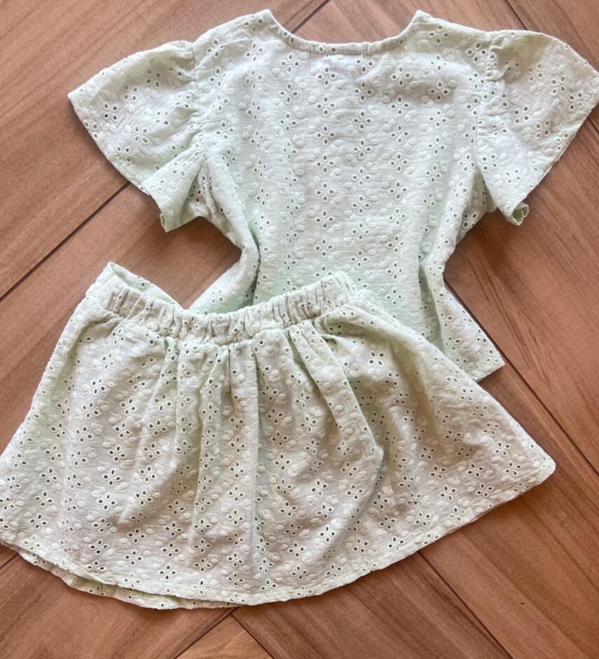 Conjunto Infantil Feminino Blusa Laise e Short Saia Amarração Verde Fernanda Ramos Kids