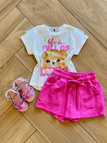Conjunto Infantil Feminino Blusa Life is Full e Short Saia Pink Fernanda Ramos Kids