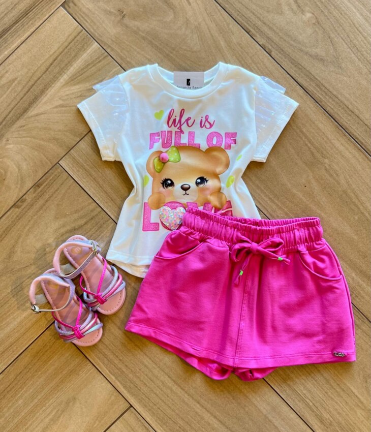 Conjunto Infantil Feminino Blusa Life is Full e Short Saia Pink Fernanda Ramos Kids