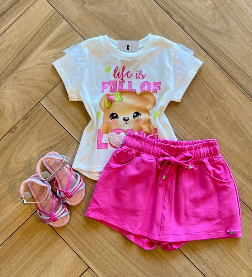 Conjunto Infantil Feminino Blusa Life is Full e Short Saia Pink Fernanda Ramos Kids