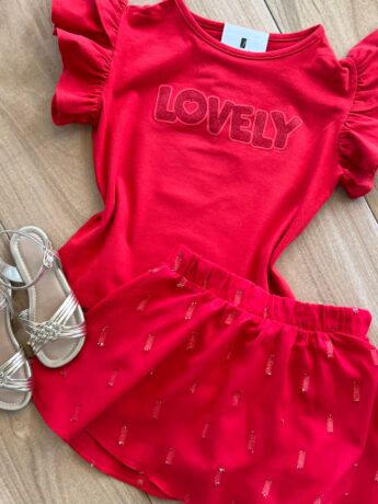 fernandaramoskids com br Conjunto Infantil Feminino Blusa Lovely e Short Saia Vermelho1