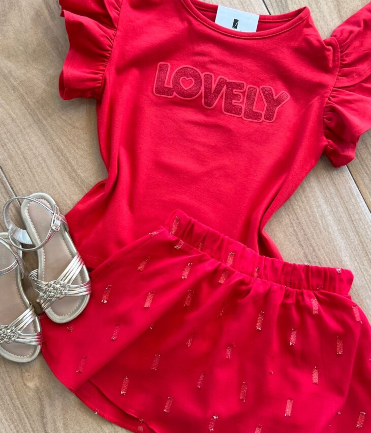 fernandaramoskids com br Conjunto Infantil Feminino Blusa Lovely e Short Saia Vermelho1