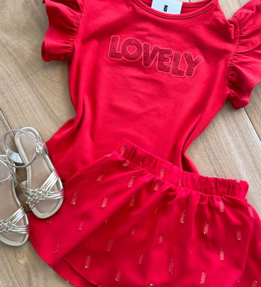 fernandaramoskids com br Conjunto Infantil Feminino Blusa Lovely e Short Saia Vermelho1