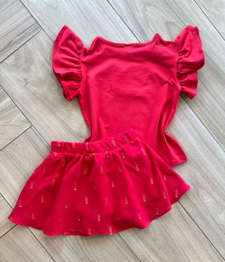 fernandaramoskids com br Conjunto Infantil Feminino Blusa Lovely e Short Saia Vermelho2