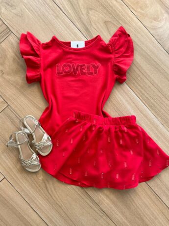 Conjunto Infantil Feminino Blusa Lovely e Short Saia Vermelho Fernanda Ramos Kids