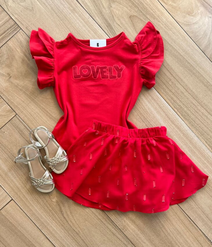Conjunto Infantil Feminino Blusa Lovely e Short Saia Vermelho Fernanda Ramos Kids