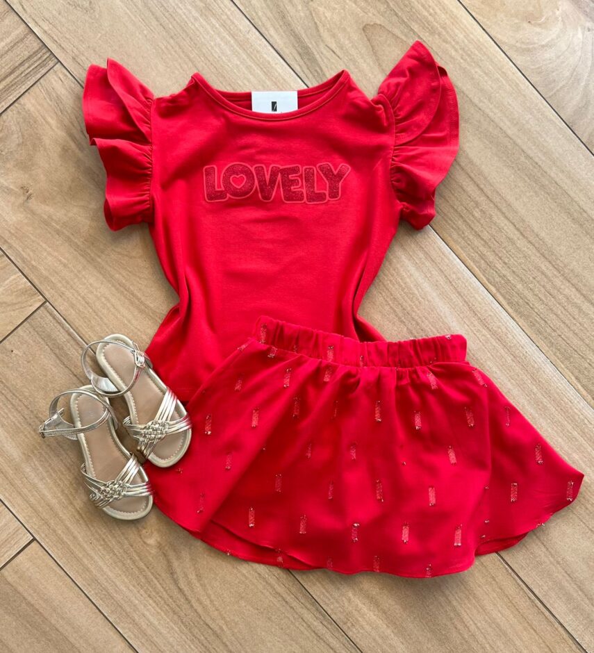 Conjunto Infantil Feminino Blusa Lovely e Short Saia Vermelho Fernanda Ramos Kids