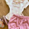 fernandaramoskids com br Conjunto Infantil Feminino Blusa Manga Curta Estampada e Short Rose1
