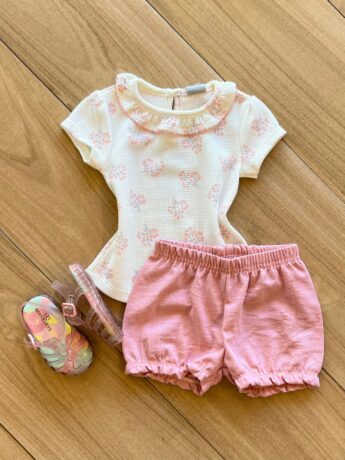 Conjunto Infantil Feminino Blusa Manga Curta Estampada e Short Rose Fernanda Ramos Kids