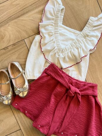 fernandaramoskids com br Conjunto Infantil Feminino Blusa Short Com Detalhe em Pérolas Rose 1