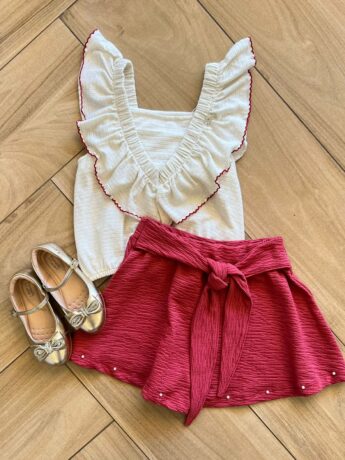 Conjunto Infantil Feminino Blusa Short Com Detalhe em Pérolas Rose Fernanda Ramos Kids