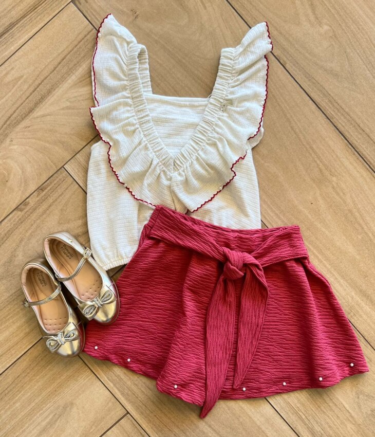 Conjunto Infantil Feminino Blusa Short Com Detalhe em Pérolas Rose Fernanda Ramos Kids