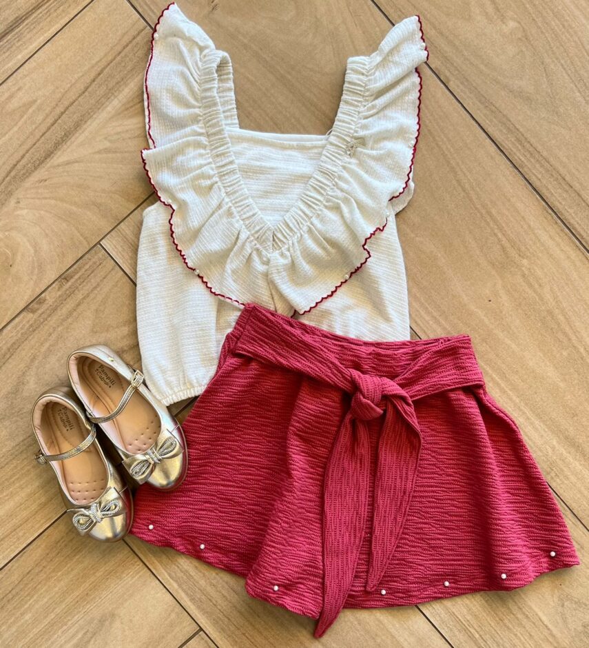 Conjunto Infantil Feminino Blusa Short Com Detalhe em Pérolas Rose Fernanda Ramos Kids