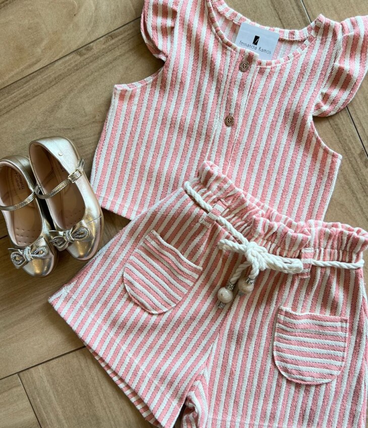 fernandaramoskids com br Conjunto Infantil Feminino Blusa Short Listrado com Fio Dourado 1