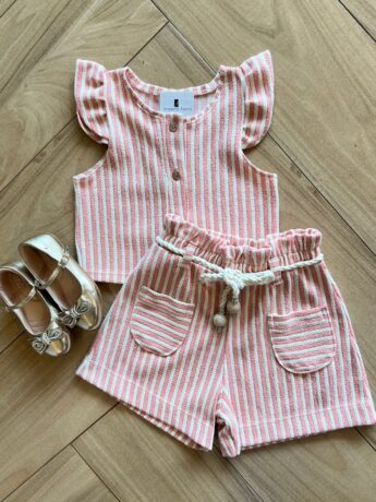 Conjunto Infantil Feminino Blusa Short Listrado com Fio Dourado Fernanda ramos kids