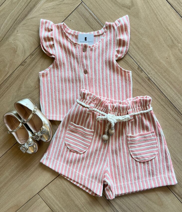 Conjunto Infantil Feminino Blusa Short Listrado com Fio Dourado Fernanda ramos kids