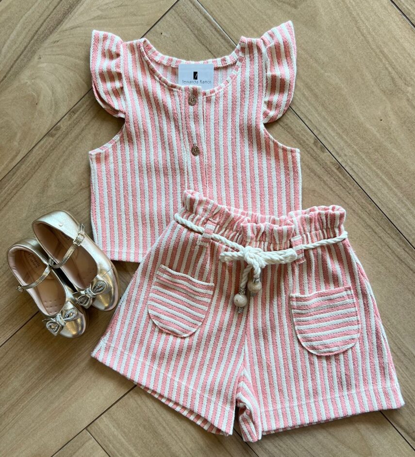 Conjunto Infantil Feminino Blusa Short Listrado com Fio Dourado Fernanda ramos kids