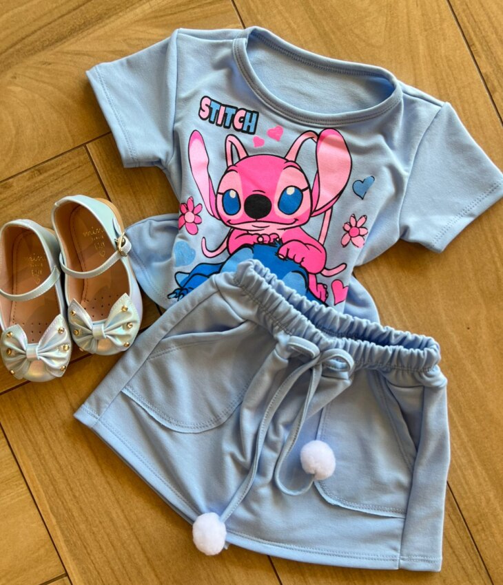 fernandaramoskids com br Conjunto Infantil Feminino Blusa Short Stitch Azul 1