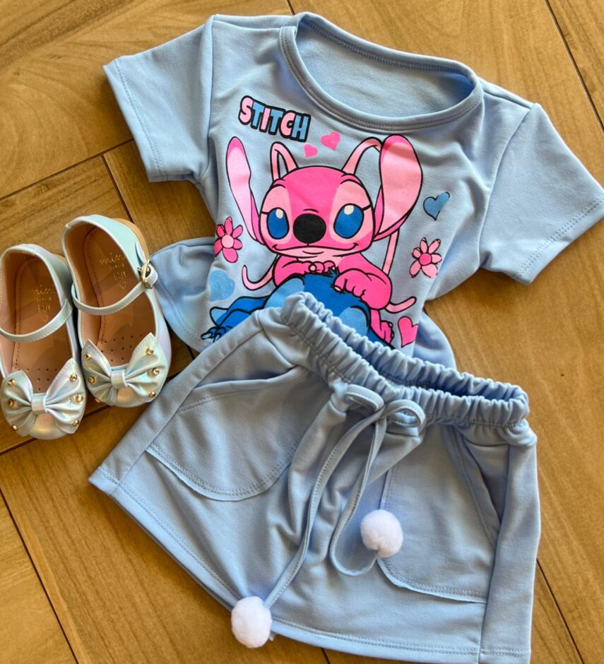 fernandaramoskids com br Conjunto Infantil Feminino Blusa Short Stitch Azul 1
